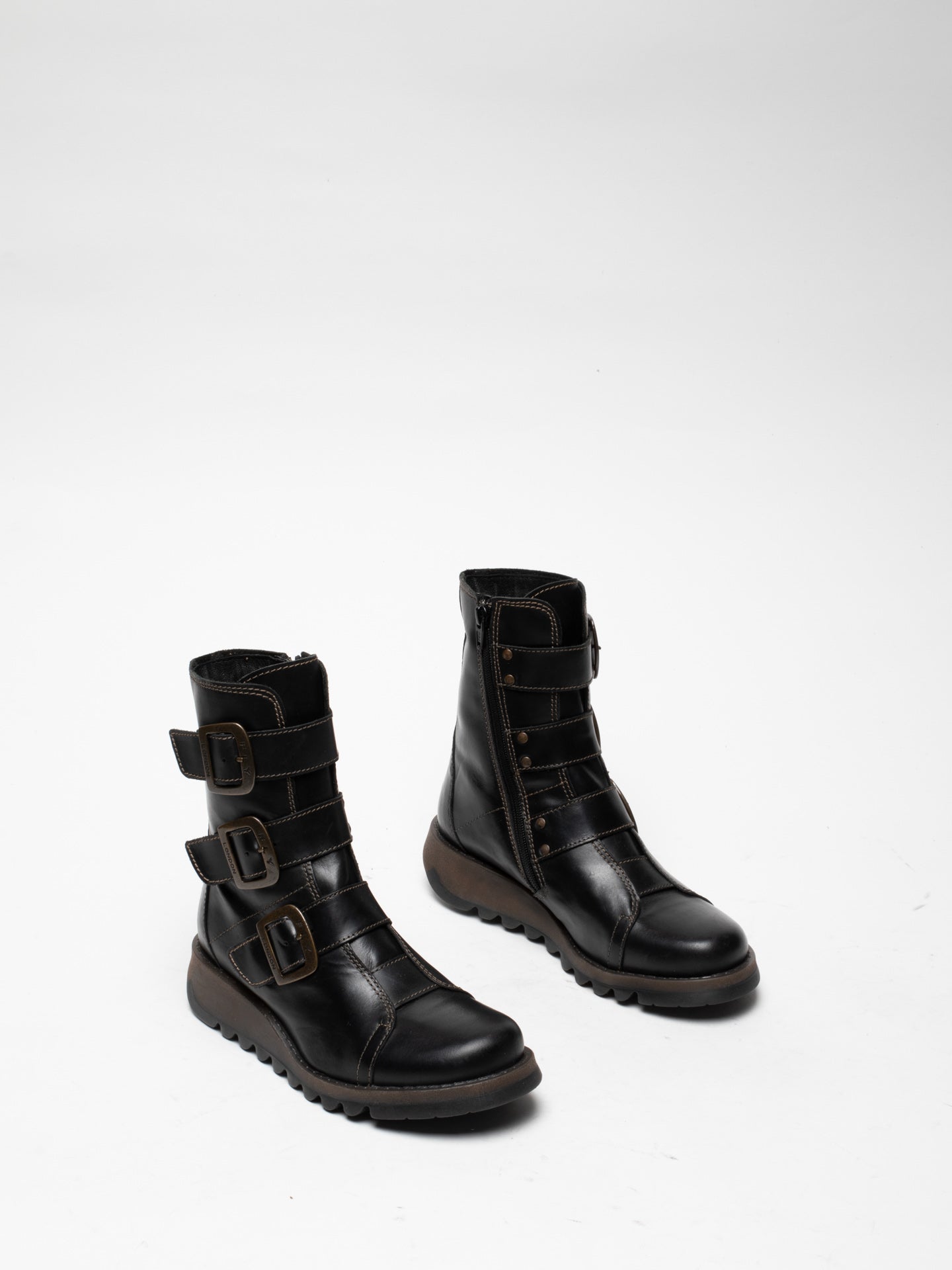 Black Leather Buckle Ankle Boots