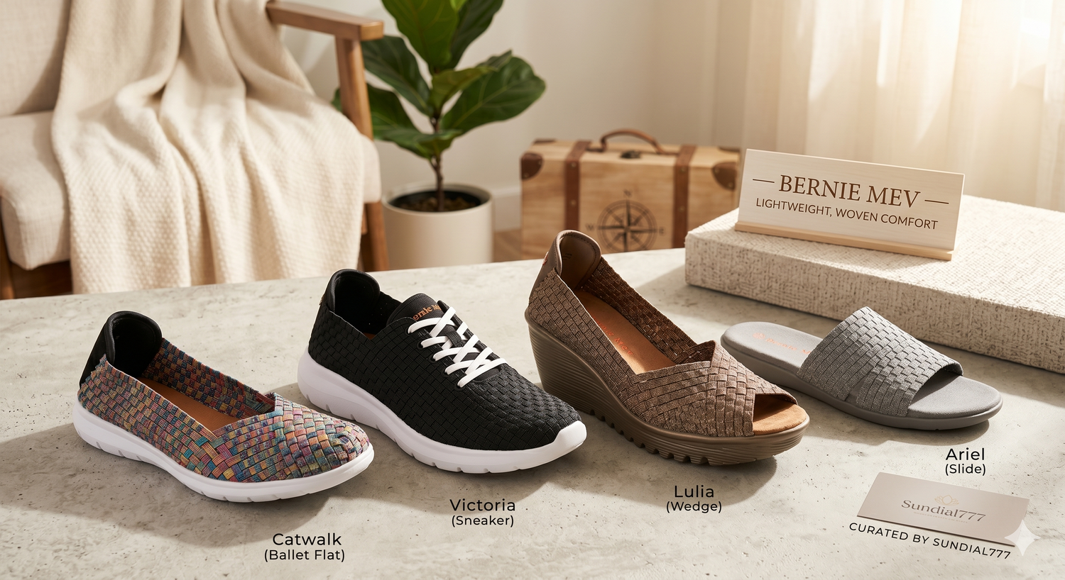 Bernie Mev lightweight woven elastic comfort shoes and wedges, curated by Sundial777, in a sophisticated travel lifestyle setting.
