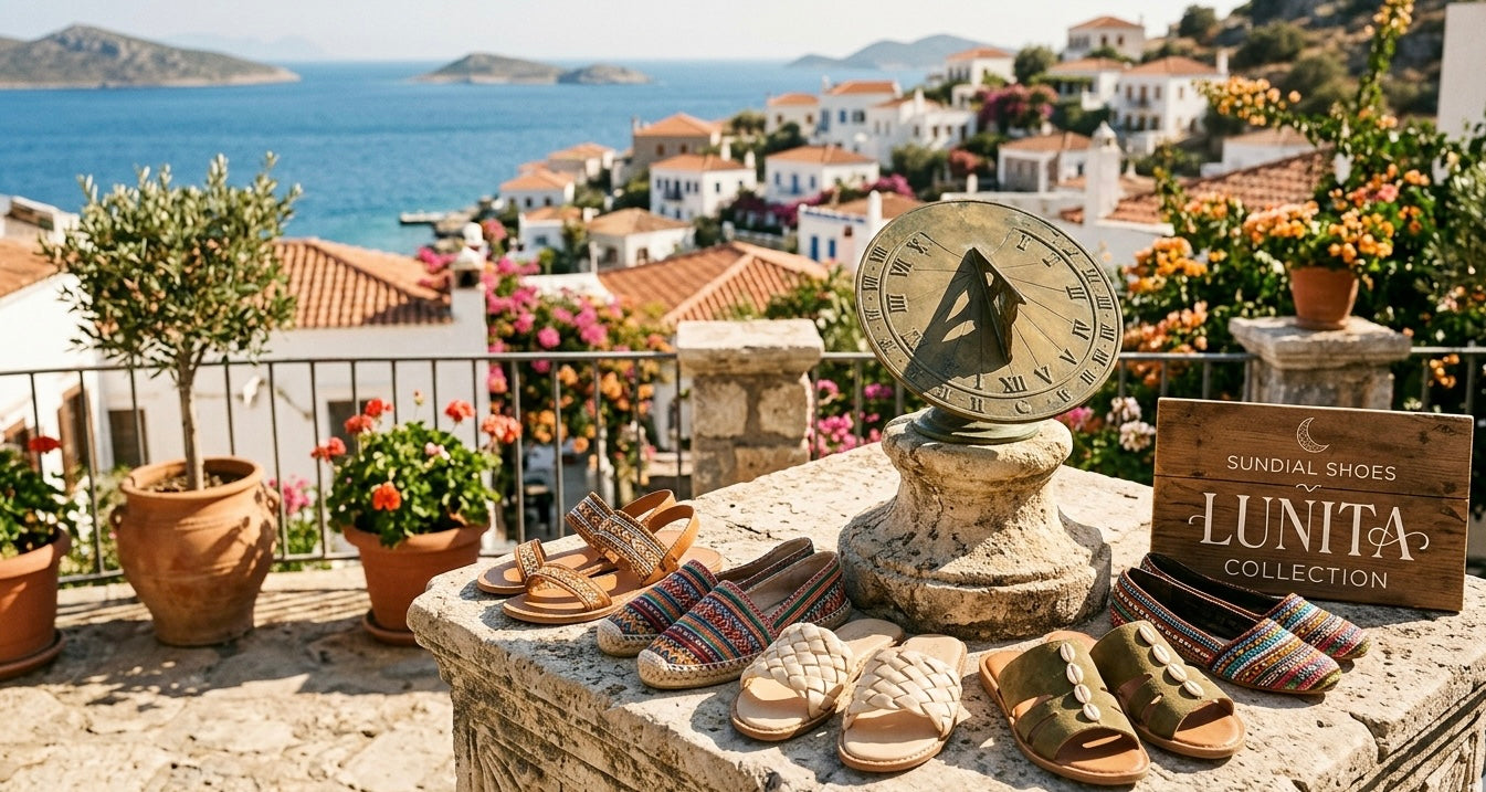 Sundial Shoes Lunita Collection: woven sandals, espadrilles, and slides displayed outdoors overlooking a Mediterranean coast.