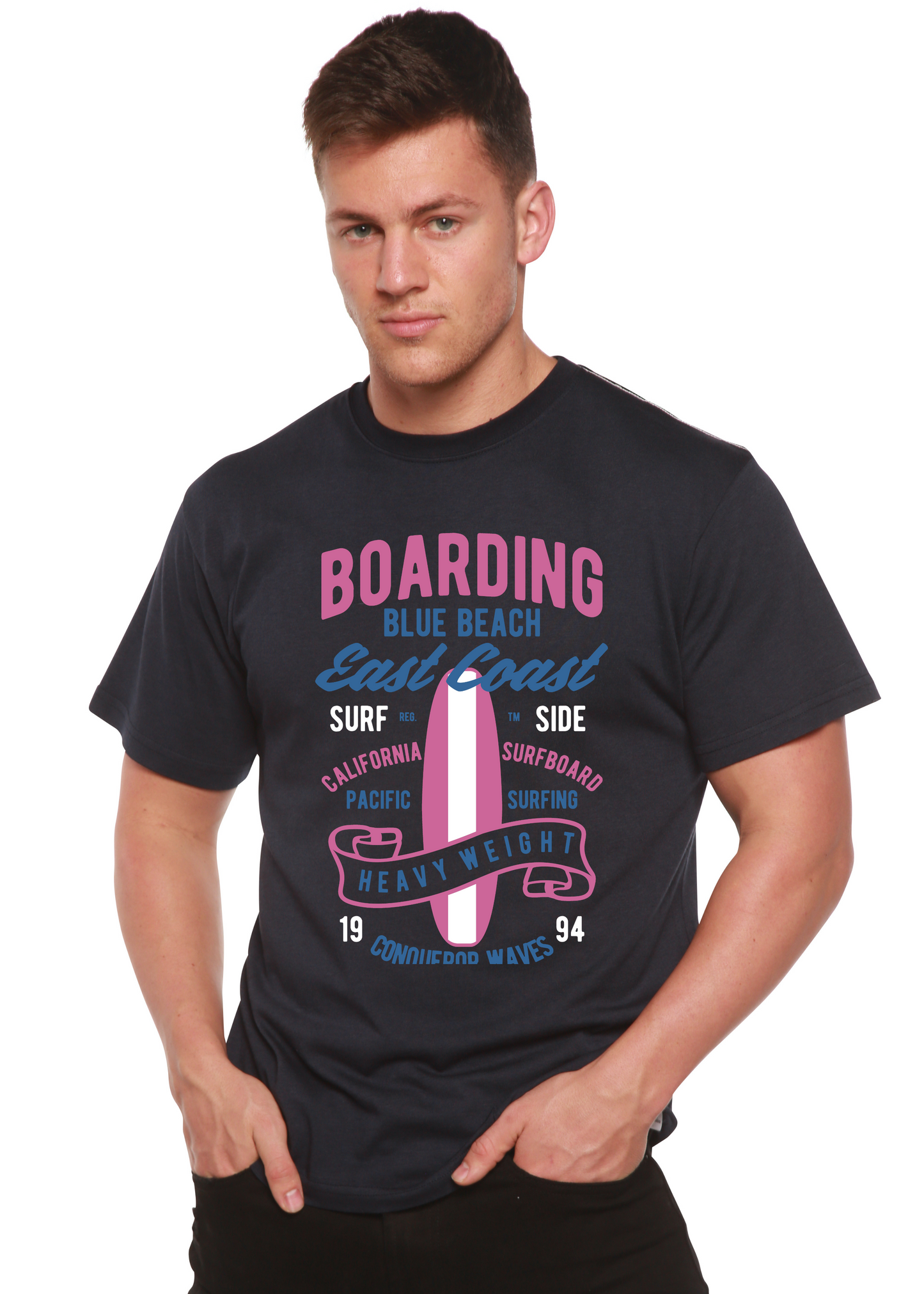 Boarding Blue Beach Men's Bamboo Viscose/Organic Cotton Short Sleeve Graphic T-Shirt