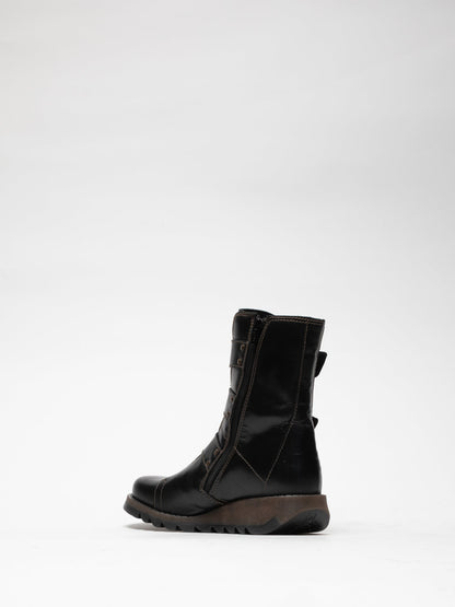 Black Leather Buckle Ankle Boots