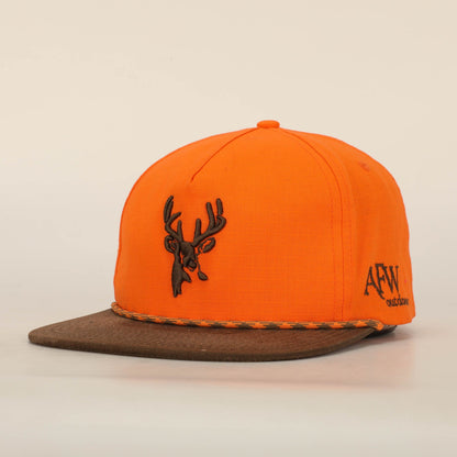 BLAZE ORANGE AND BROWN RIPSTOP PUFF DEER ROPE HAT