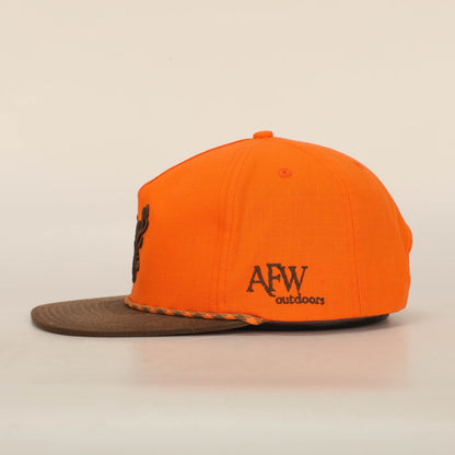 BLAZE ORANGE AND BROWN RIPSTOP PUFF DEER ROPE HAT
