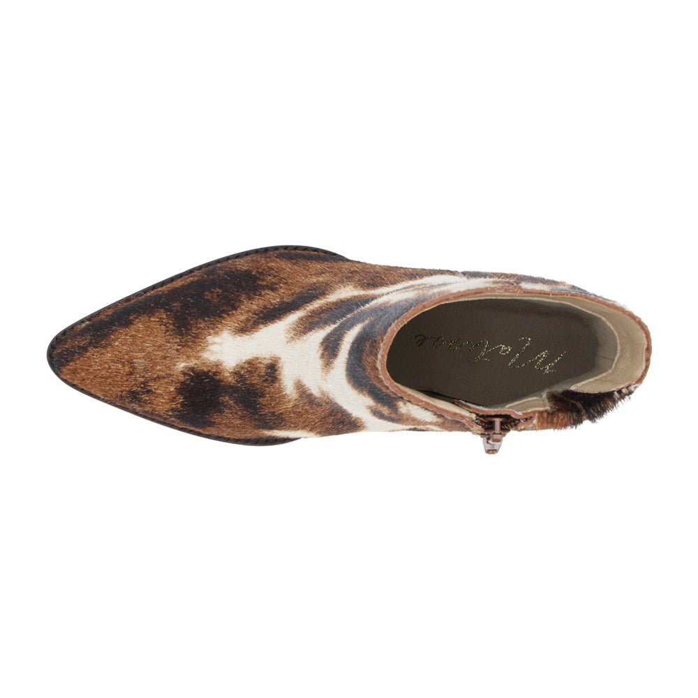 Caty Cow Print Pointed Toe Zippered Booties - SundialCaty Cow Print Pointed Toe Zippered Booties