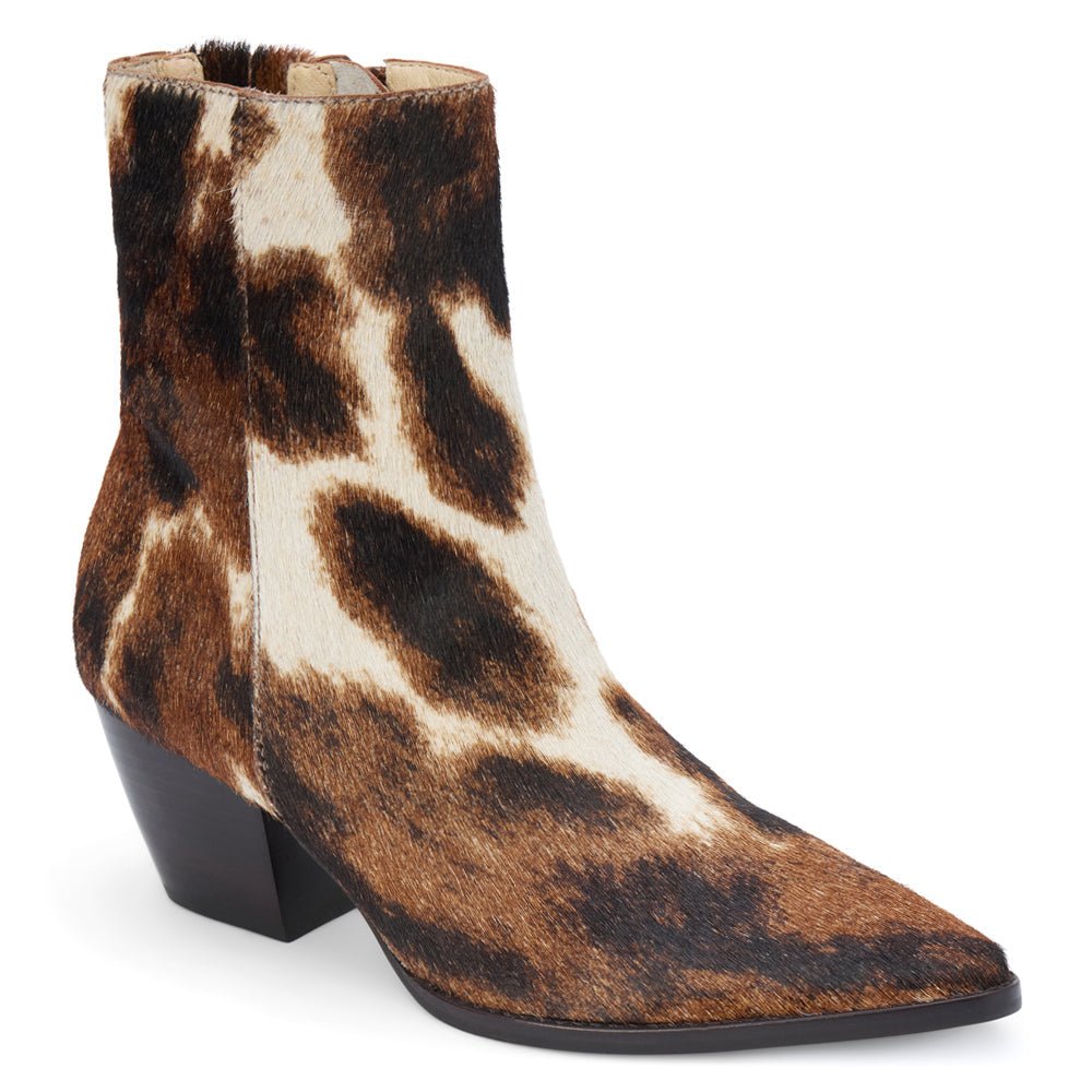 Caty Cow Print Pointed Toe Zippered Booties - SundialCaty Cow Print Pointed Toe Zippered Booties