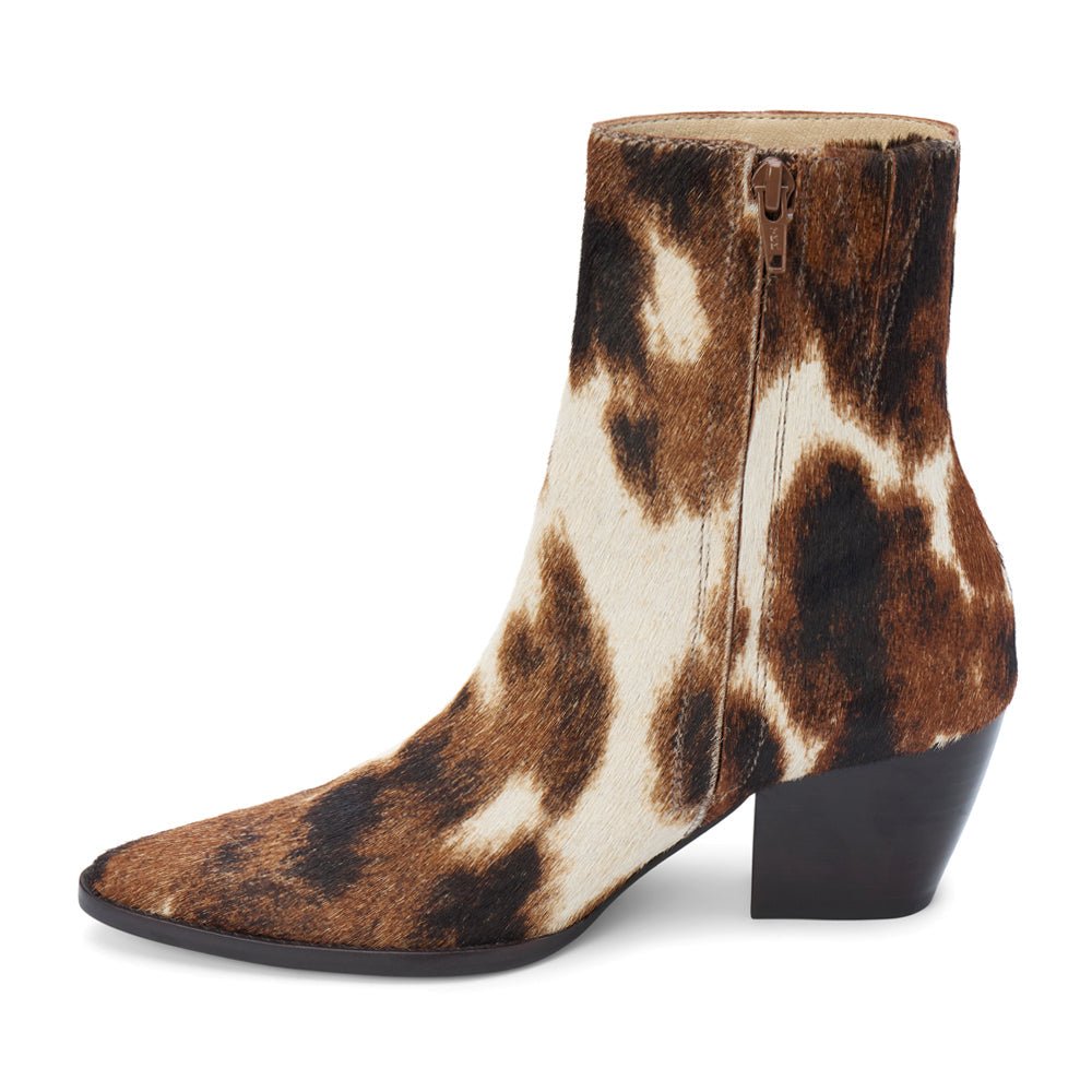 Caty Cow Print Pointed Toe Zippered Booties - SundialCaty Cow Print Pointed Toe Zippered Booties
