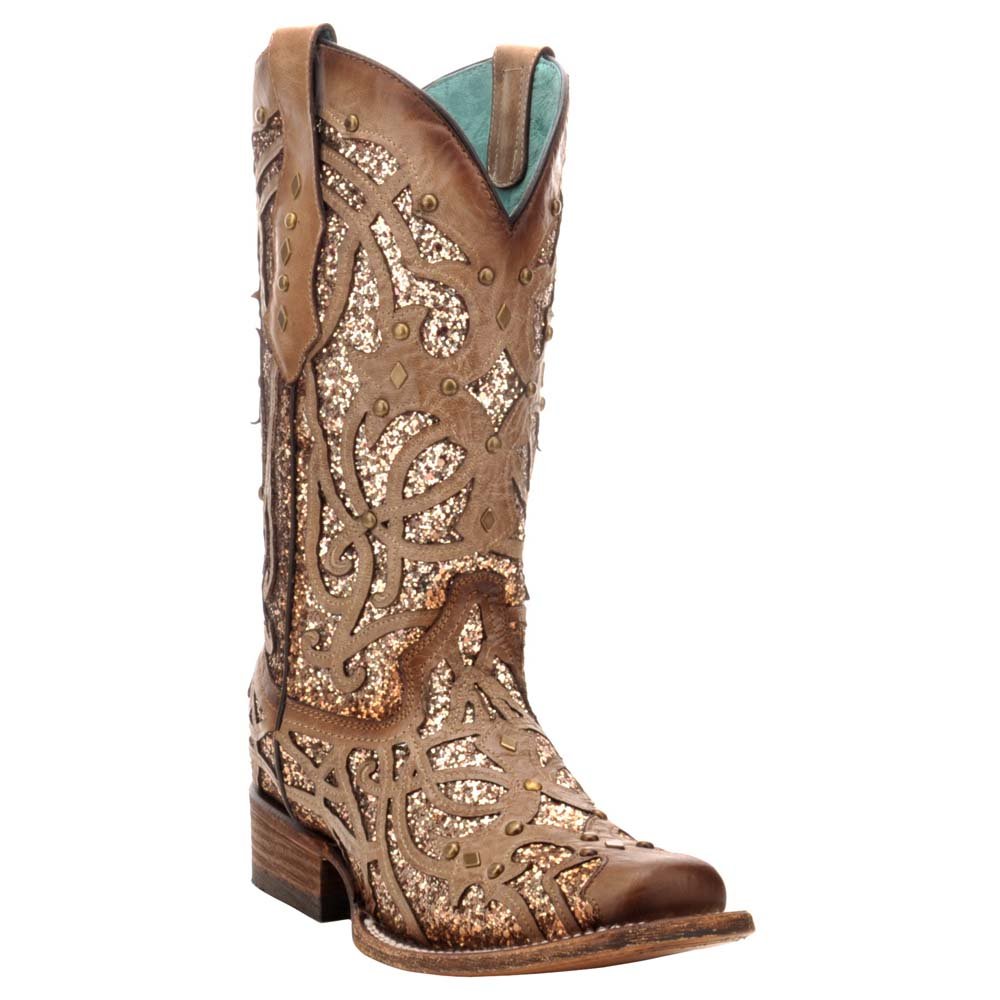 Glitter Tooled Inlay Square Toe Cowboy Boots - SundialGlitter Tooled Inlay Square Toe Cowboy Boots