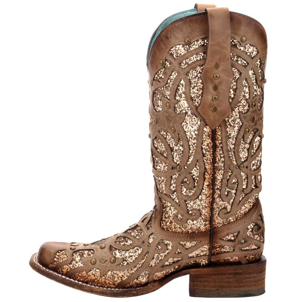 Glitter Tooled Inlay Square Toe Cowboy Boots - SundialGlitter Tooled Inlay Square Toe Cowboy Boots