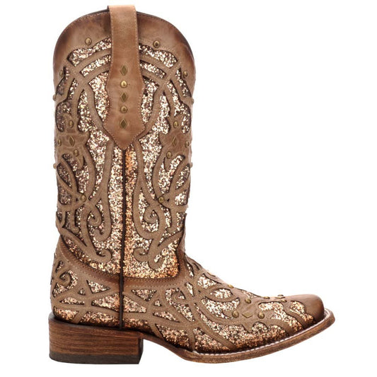 Glitter Tooled Inlay Square Toe Cowboy Boots - SundialGlitter Tooled Inlay Square Toe Cowboy Boots
