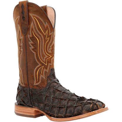 Premium Exotics Pirarucu Embroidered Square Toe Pull On Cowboy Boots - SundialPremium Exotics Pirarucu Embroidered Square Toe Pull On Cowboy Boots