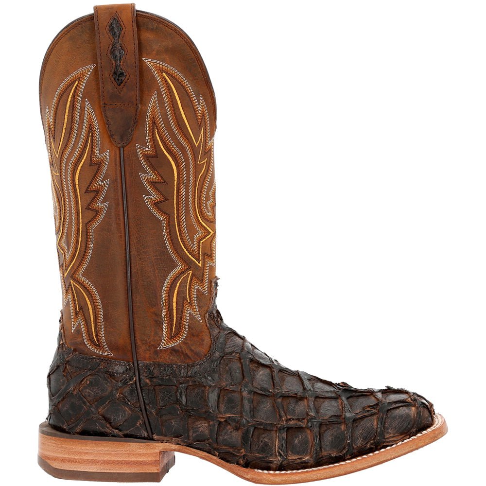Premium Exotics Pirarucu Embroidered Square Toe Pull On Cowboy Boots - SundialPremium Exotics Pirarucu Embroidered Square Toe Pull On Cowboy Boots