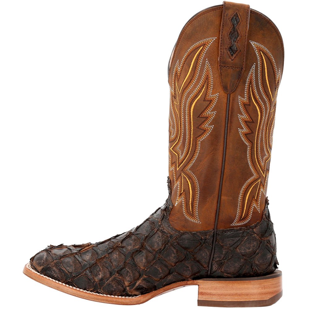Premium Exotics Pirarucu Embroidered Square Toe Pull On Cowboy Boots - SundialPremium Exotics Pirarucu Embroidered Square Toe Pull On Cowboy Boots