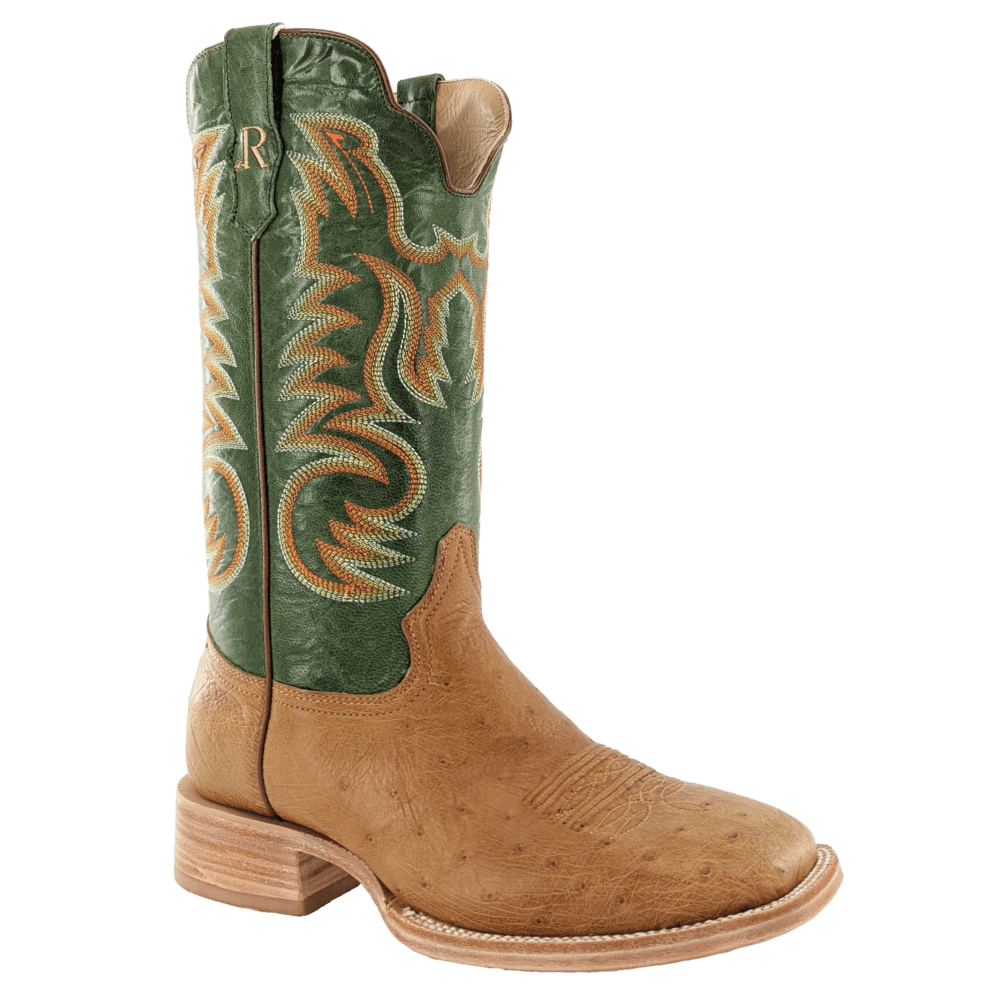R. Watson Men's Antique Saddle/Forest Green Goat Smooth Ostrich Wide Square Toe Western Boots RW5003-2