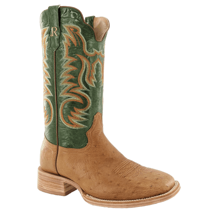 R. Watson Men's Antique Saddle/Forest Green Goat Smooth Ostrich Wide Square Toe Western Boots RW5003-2