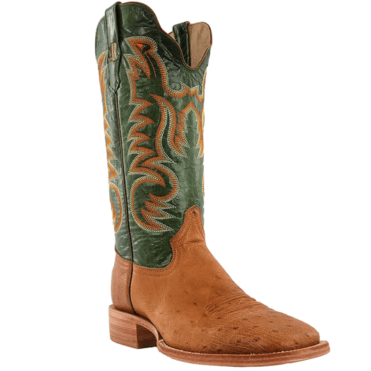 R. Watson Men's Antique Saddle/Forest Green Goat Smooth Ostrich Wide Square Toe Western Boots RW5003-2