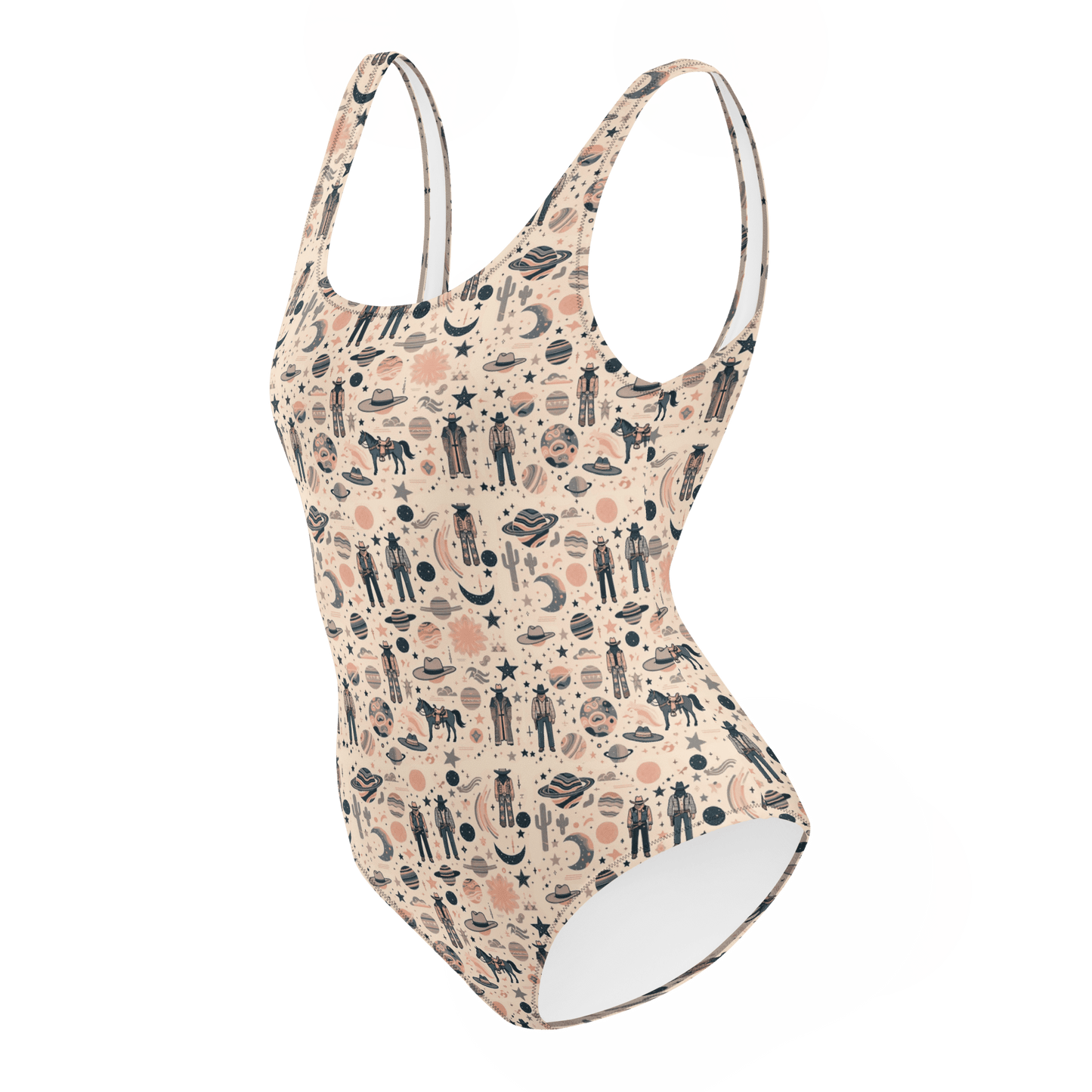 Cosmic Wrangler: Western Space Cowboy One-Piece Swimsuit