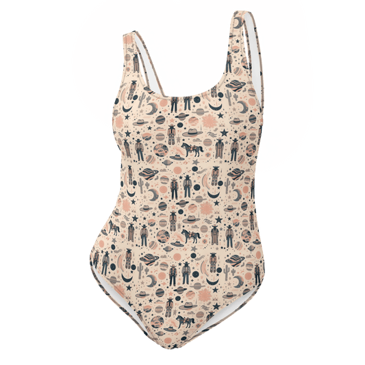 Cosmic Wrangler: Western Space Cowboy One-Piece Swimsuit